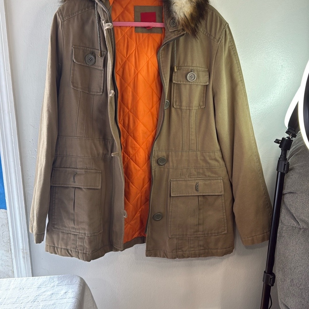 Esprit Olive Green Military Jacket with Fur Collar